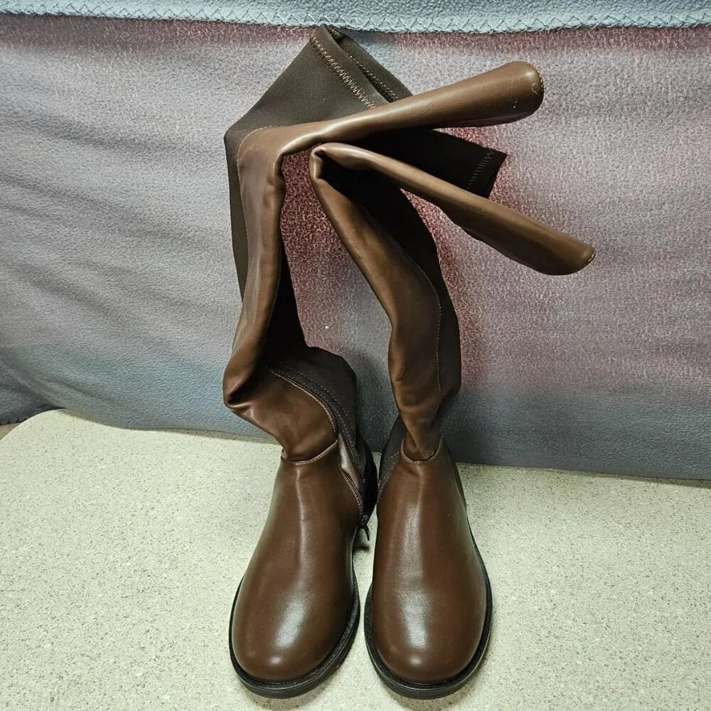 🆕Women Brown-pu Knee High Comfortable Thigh High Daily Low Flat Heel Long Boot